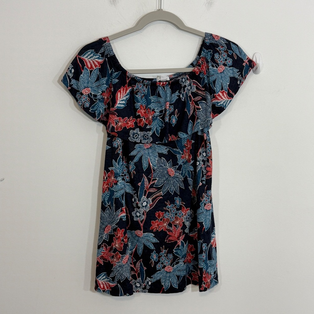 J Jill Womens Top S Navy Blue Floral Linen Off Shoulder Ruffle Boho Summer